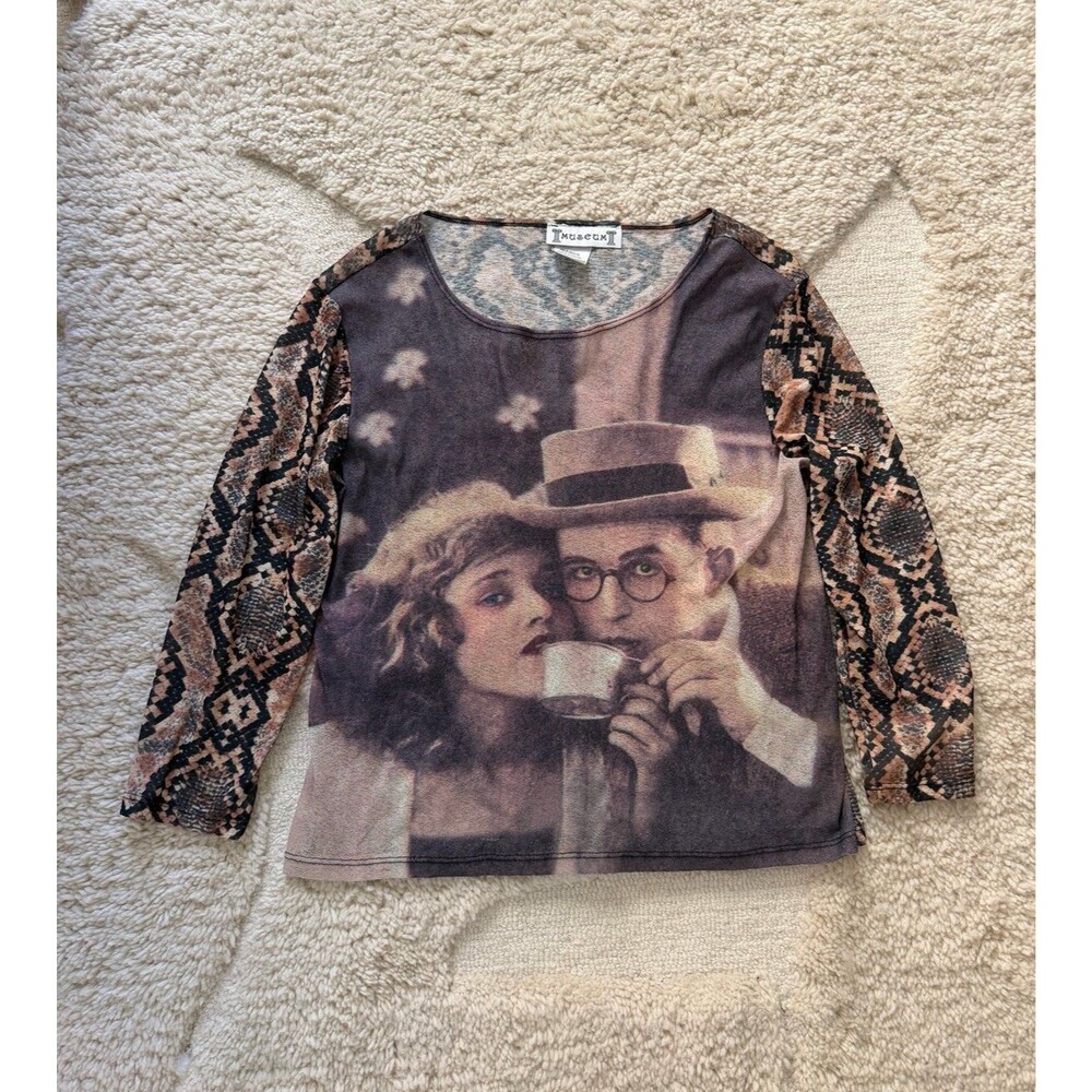 Vintage 90s Y2K Museum Sheer Mesh Graphic Top, Made in USA, Size M